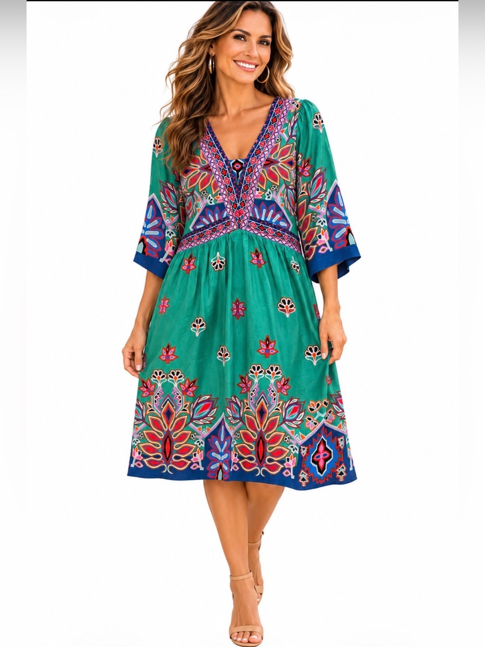 ba&sh Morocco Green Boho Floral Print V-Neck Midi Dress Size Large